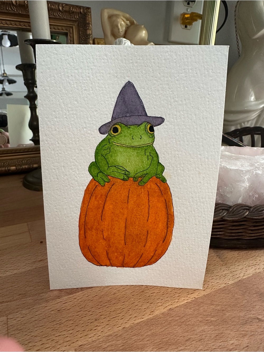 Halloween frog witch original watercolor art 4x6inches